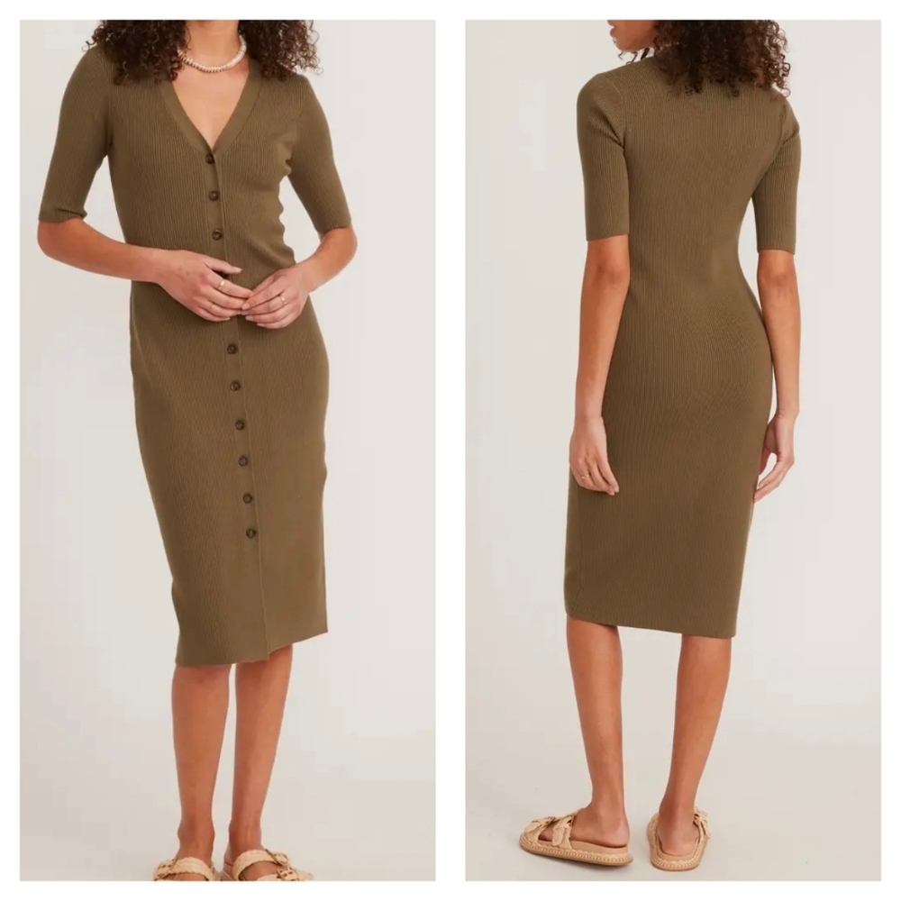 Marine Layer Bella Button Front Ribbed Olive Green Fitted Sweater Dress, Size XS